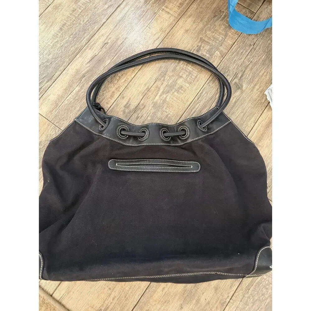 Brighton Handbag Black Canvas Floral Embroidered Leather Shoulder Strap boho